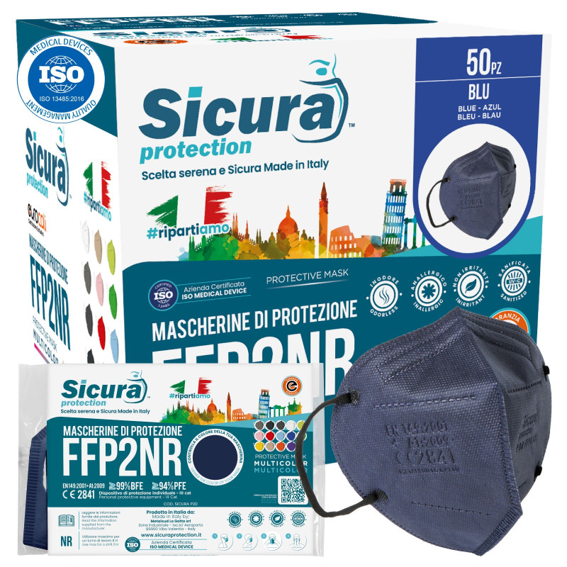 Sicura Protection 50 Mascherine Protettive Colore Blu Elastici Neri