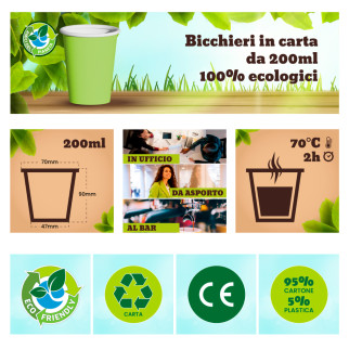 Bicchieri in Carta Riciclabile Colore Verde da 200ml - Confezione da 25 Bicchieri