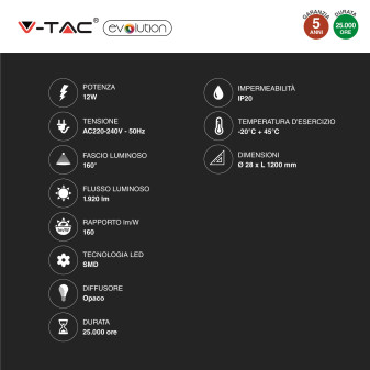 V-Tac Evolution VT-1612 Tubo LED SMD Nano Plastic T8 G13 12W
