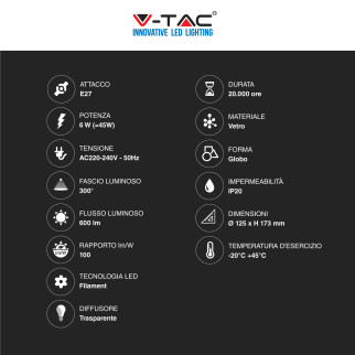 V-Tac VT-1983 Lampadina LED E27 6W Bulb G125 Globo Filament