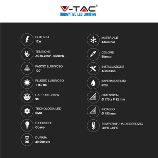 V-Tac VT-1207-RD Pannello LED Rotondo 12W SMD da Incasso con