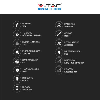 V-Tac VT-1207-SQ Pannello LED Quadrato 12W SMD da Incasso con