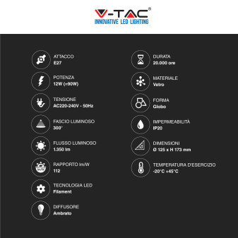 V-Tac VT-2153 Lampadina LED E27 12W Bulb G125 Globo Filament