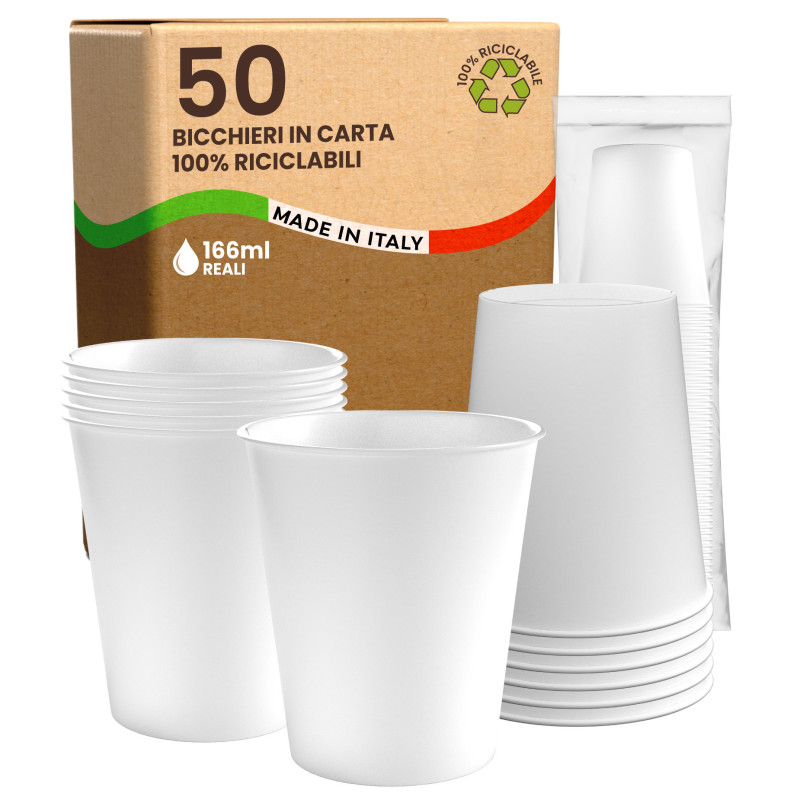 Bicchieri in Carta Riciclabile Colore Bianco da 166ml - Confezione da 50 Bicchieri