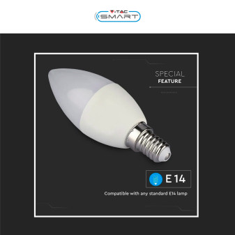 V-Tac Smart VT-5114 Lampadina LED Wi-Fi E14 4.8W Candle Bulb C37 Candela RGB+W Changing Color CCT Dimmerabile