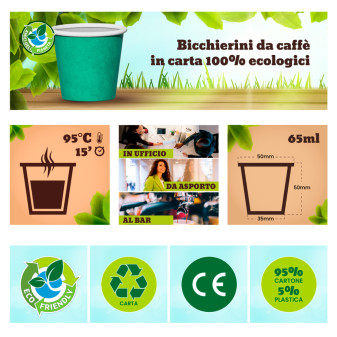Bicchierini da Caffè in Carta Riciclabile Colore Verde da 65ml - Confezione da 50 Bicchieri