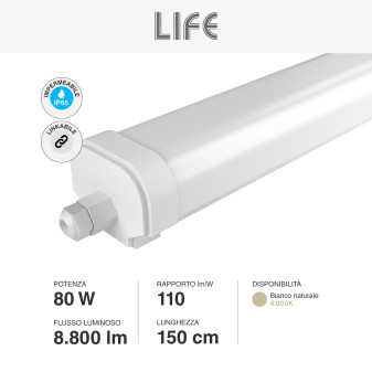 Life Tubo LED Plafoniera 80W Lampadina SMD IP65 150cm - mod.
