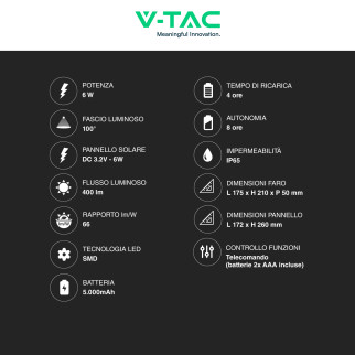 VT-55050 Faro LED 6W con Pannello Solare IP65 Nero V-Tac
