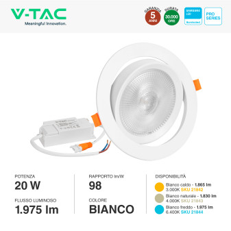 VT-2-20 Faretto LED 20W da Incasso Chip Samsung V-Tac Pro