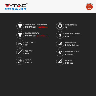 VT-934 Portafaretto Rotondo Nero per GU10 GU5.3 V-Tac