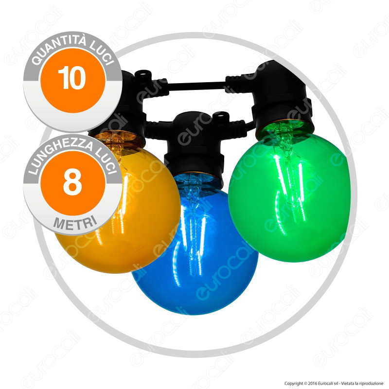 Catena Party 10 Lampadine LED Globo G80 Filament Multicolor - per