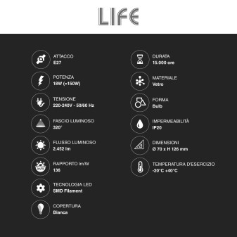 Acquista Life Lampadina LED E27 Filament 18W Bulb A70 Milky
