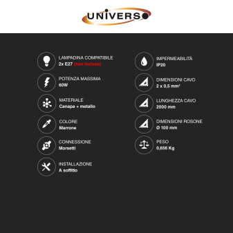 Universo Lampadario Sospensione 2 Portalampada E27 in Corda mod. E27-M2