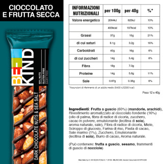 Dark Chocolate Nuts & Sea Salt 12 Barrette 40g Be-Kind