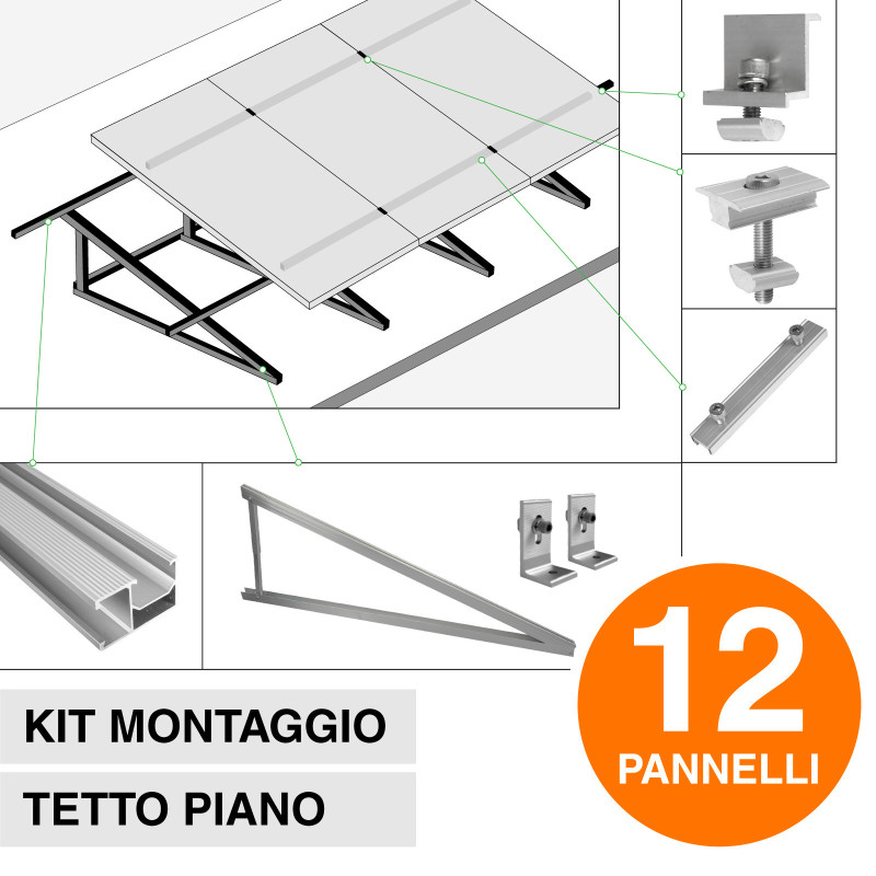 Kit Struttura per Montaggio di 12 Pannelli Solari su Tetto Piano