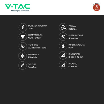 Portafaretto Rotondo GU10 e GU5.3 (MR16) Nero V-Tac VT-974