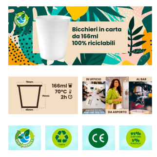 50 Bicchieri in Carta Riciclabile Bianco da 166ml con Coperchi