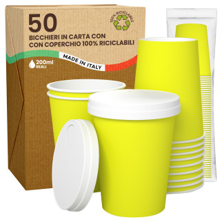50 Bicchieri in Carta Riciclabile Giallo da 200ml e Coperchi
