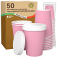 Bicchieri in Carta Riciclabile Colore Rosa da 200ml con Coperchi - Confezione da 50