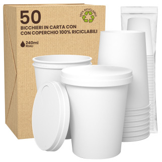50 Bicchieri in Carta Bianca Con Coperchi da 240ml