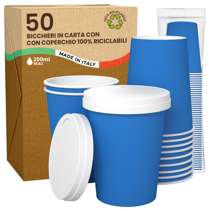 50 Bicchieri in Carta Riciclabile Colore Blu da 200ml con Coperchi