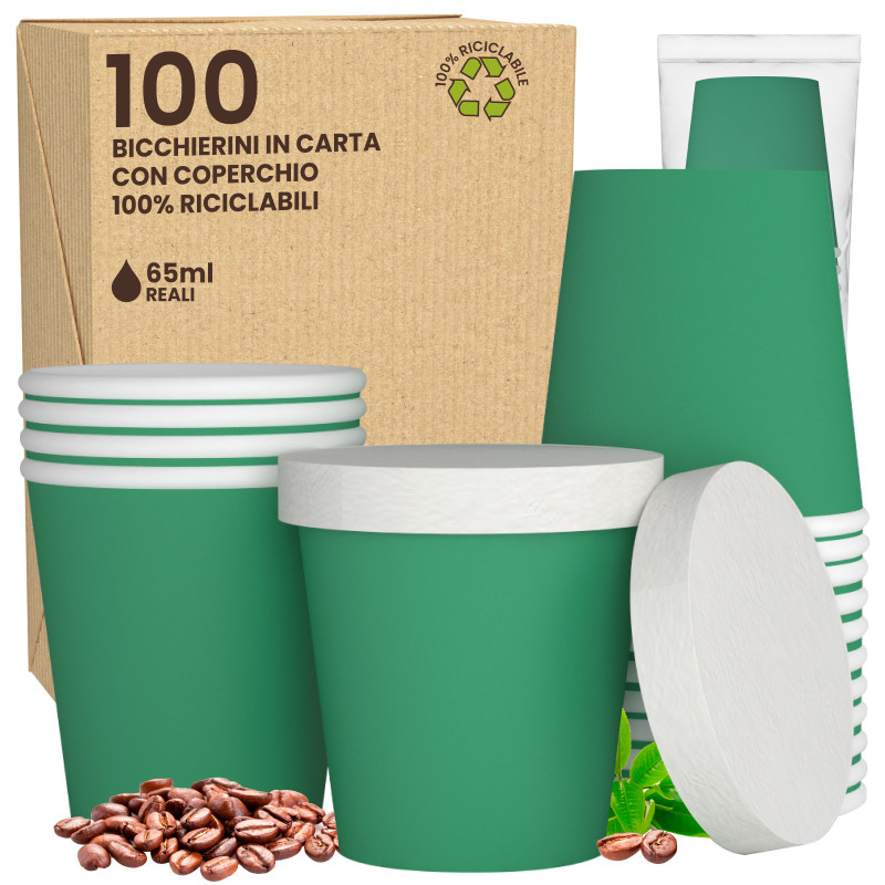 100 Bicchierini in Carta Riciclabile Colore Verde da 65ml e Coperchi
