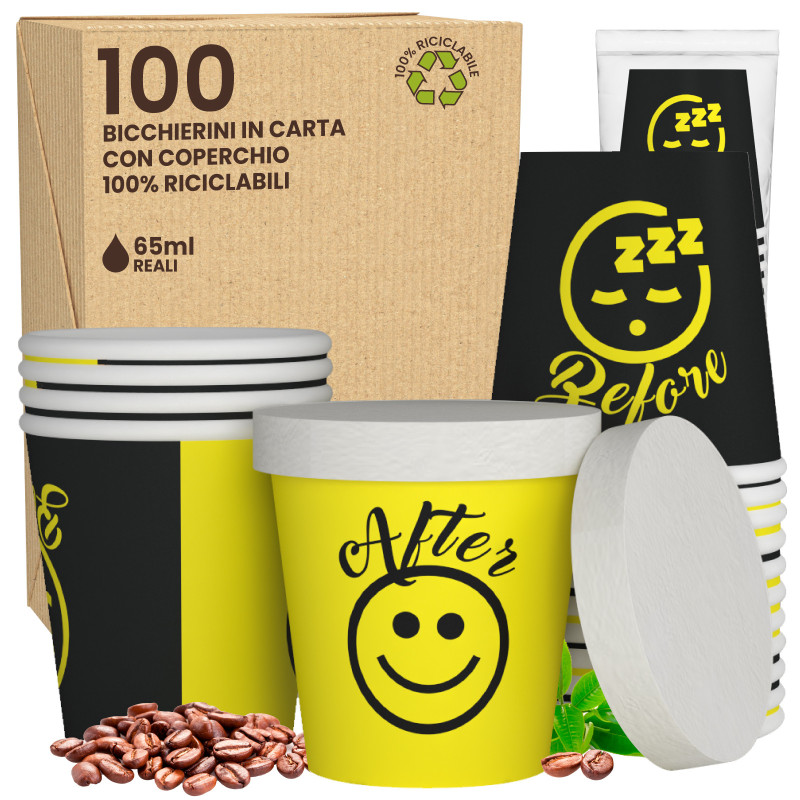 100 Bicchierini in Carta Riciclabile DownUpCUP Yellow da 65ml e Coperchi