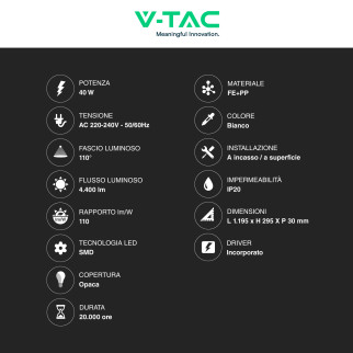 VT-12030 Pannello LED Rettangolare 120x30 40W SMD Driver V-Tac