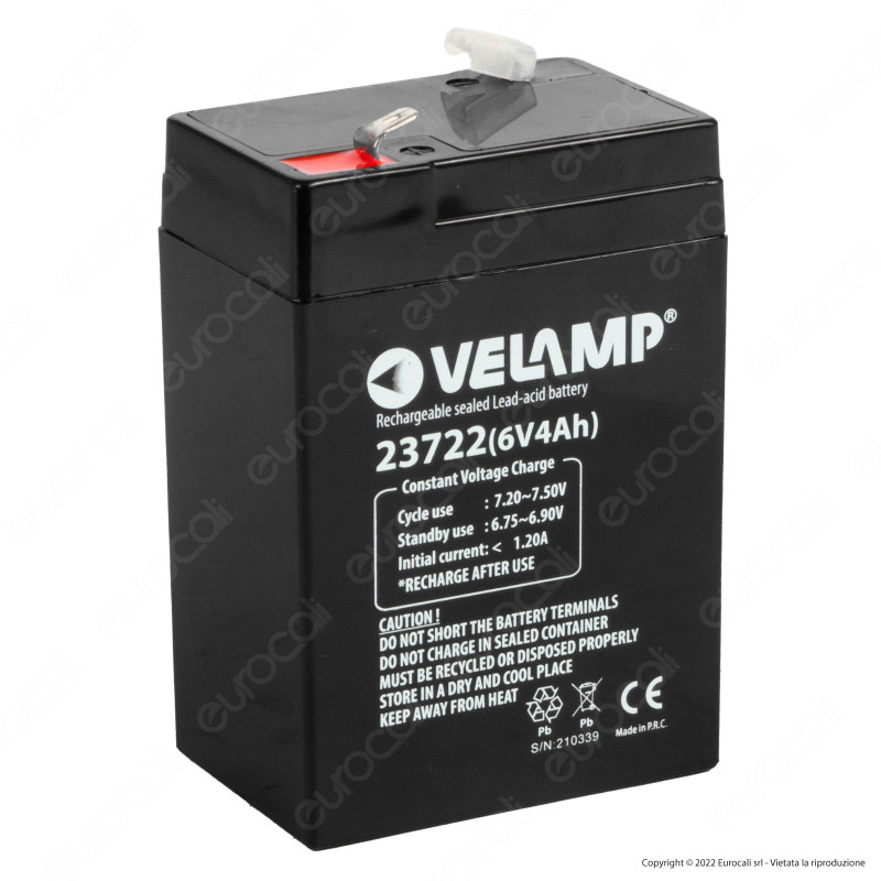 Batteria al Piombo 6V4Ah Ricaricabile Attacchi Faston Velamp