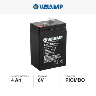 Batteria al Piombo 6V4Ah Ricaricabile Attacchi Faston Velamp