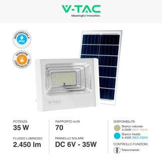 VT-100W Faro LED 35W IP65 Pannello Solare con Telecomando V-Tac