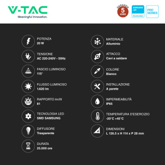 V-Tac Pro VT-44020 Faro LED 20W SMD Chip Samsung Bianco