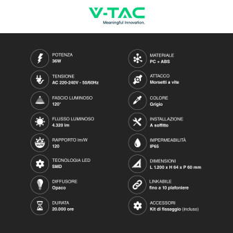 VT-1253 Tubo Plafoniera LED SMD 36W IP65 120cm V-Tac