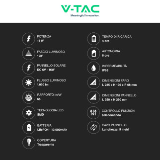 VT-40W Faro LED 16W IP65 Pannello Solare con Telecomando V-Tac