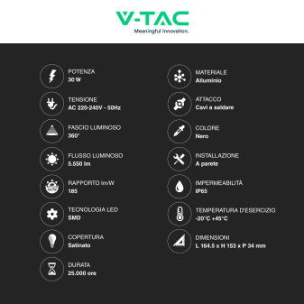 V-Tac VT-4435 Faro LED 30W Faretto SMD IP65 Colore Nero