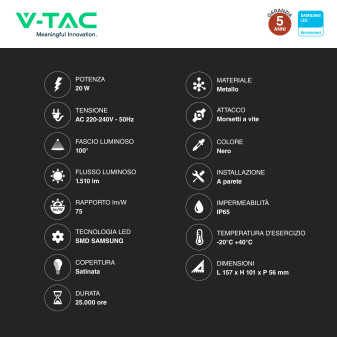 VT-128 Faro LED 20W SMD IP65 Chip Samsung Colore Nero V-Tac