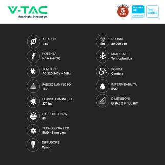 VT-293D Lampadina LED E14 5,5W Candle Chip Samsung V-Tac Pro