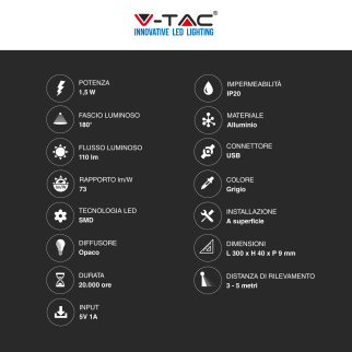 V-Tac VT-8141 Lampada LED da Armadio 1.5W SMD Ricaricabile Micro USB Sensore PIR di Movimento