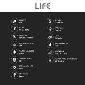 Lampadina LED E27 4,5W MiniGlobo G45 Sfera SMD Life