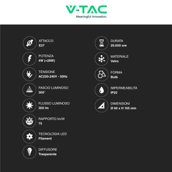 VT-2164 Lampadina LED E27 4W A60 Filament Vetro V-Tac