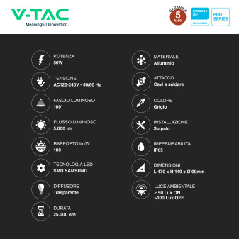 VT-59ST Lampada Stradale LED 50W IP65 Samsung V-Tac Pro