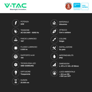 VT-59ST Lampada Stradale LED 50W IP65 Samsung V-Tac Pro