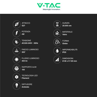 VT-2004 Lampadina LED E27 4W Bulb G80 Filament Vetro V-Tac