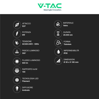 VT-2006 Lampadina LED E27 6W Bulb T30 Filament Vetro V-Tac