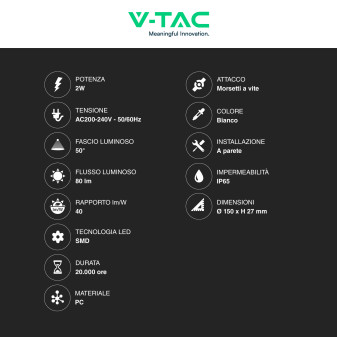 VT-1142 Punto Luce LED SMD 2W a Parete IP65 Bianco V-Tac