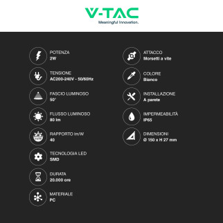 VT-1142 Punto Luce LED SMD 2W a Parete IP65 Bianco V-Tac