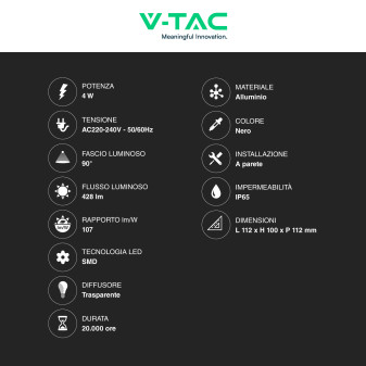 VT-834 Lampada LED da Muro 4W SMD IP65 Colore Nero V-Tac