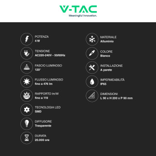 VT-826 Lampada LED da Muro 4W SMD IP65 Colore Bianco V-Tac