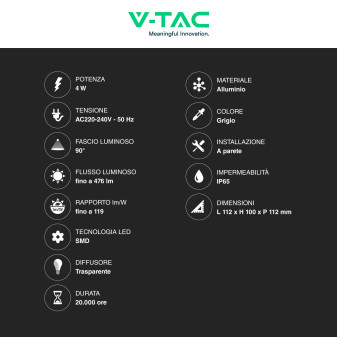 VT-836 Lampada LED da Muro 4W SMD IP65 Colore Grigio V-Tac