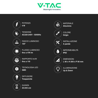 VT-826 Lampada LED da Muro 4W SMD IP65 Colore Grigio V-Tac